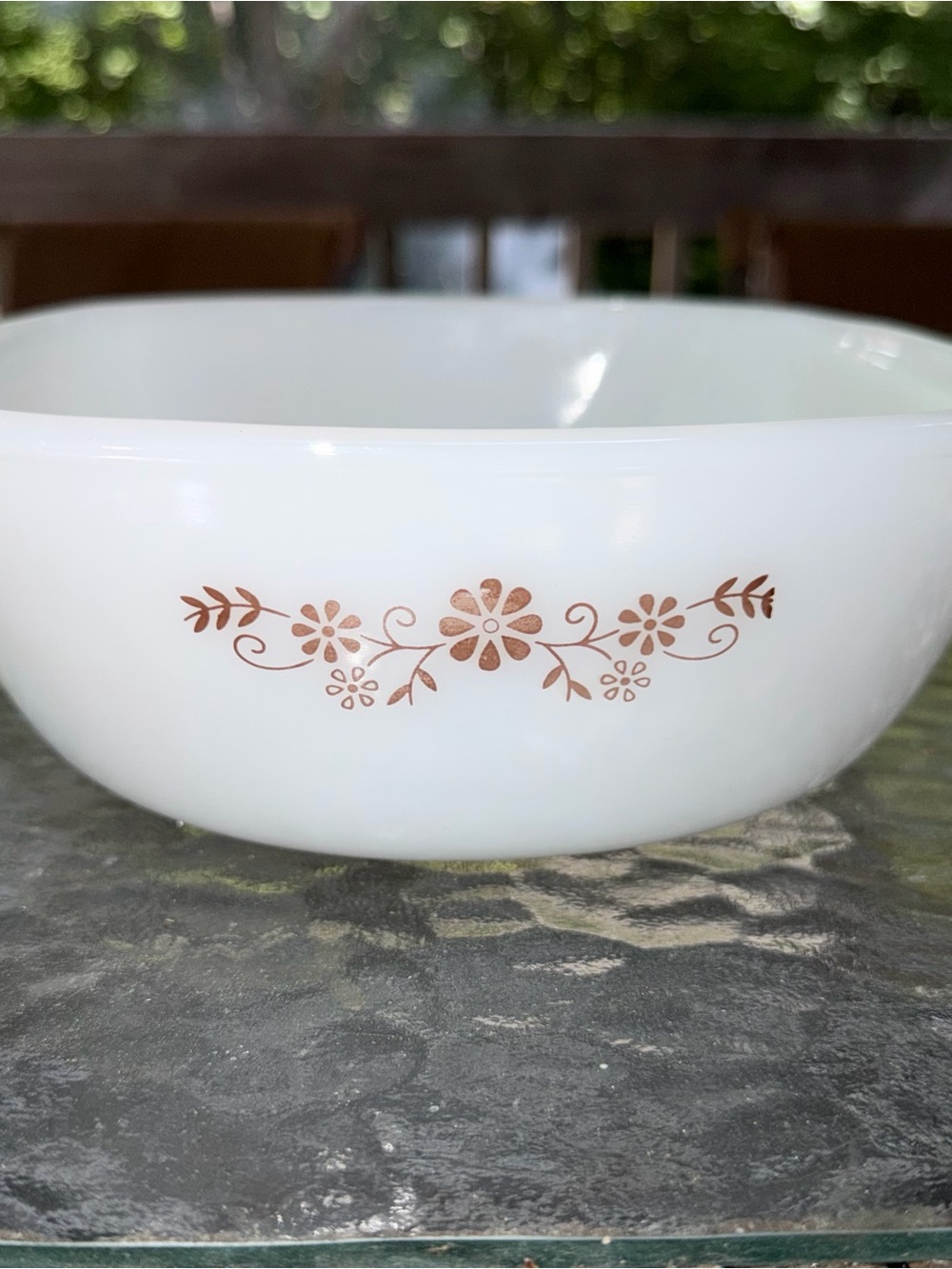 White Ceramic Serving Bowl with Copper Floral Accent